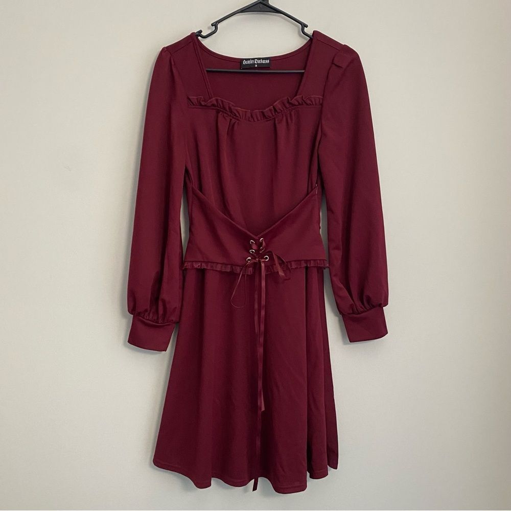Scarlet Darkness Sweetheart Neck Frill Trim Lace Up Dress Whimsigoth Goth
